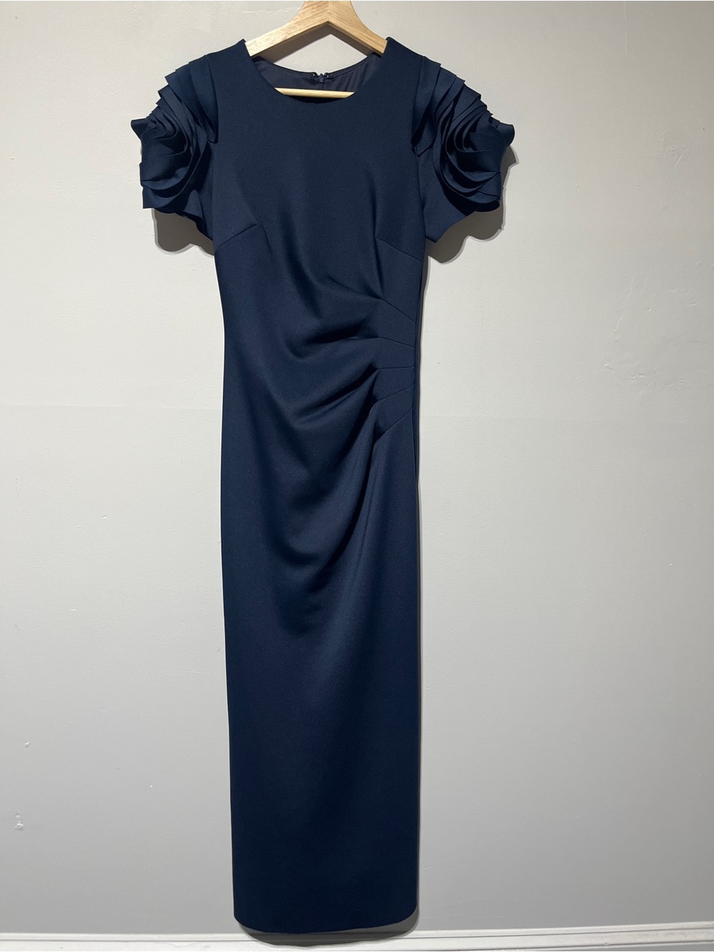 Xscape Navy Long Cocktail Dress Rosette Sleeve Wedding Guest Formal Size 6